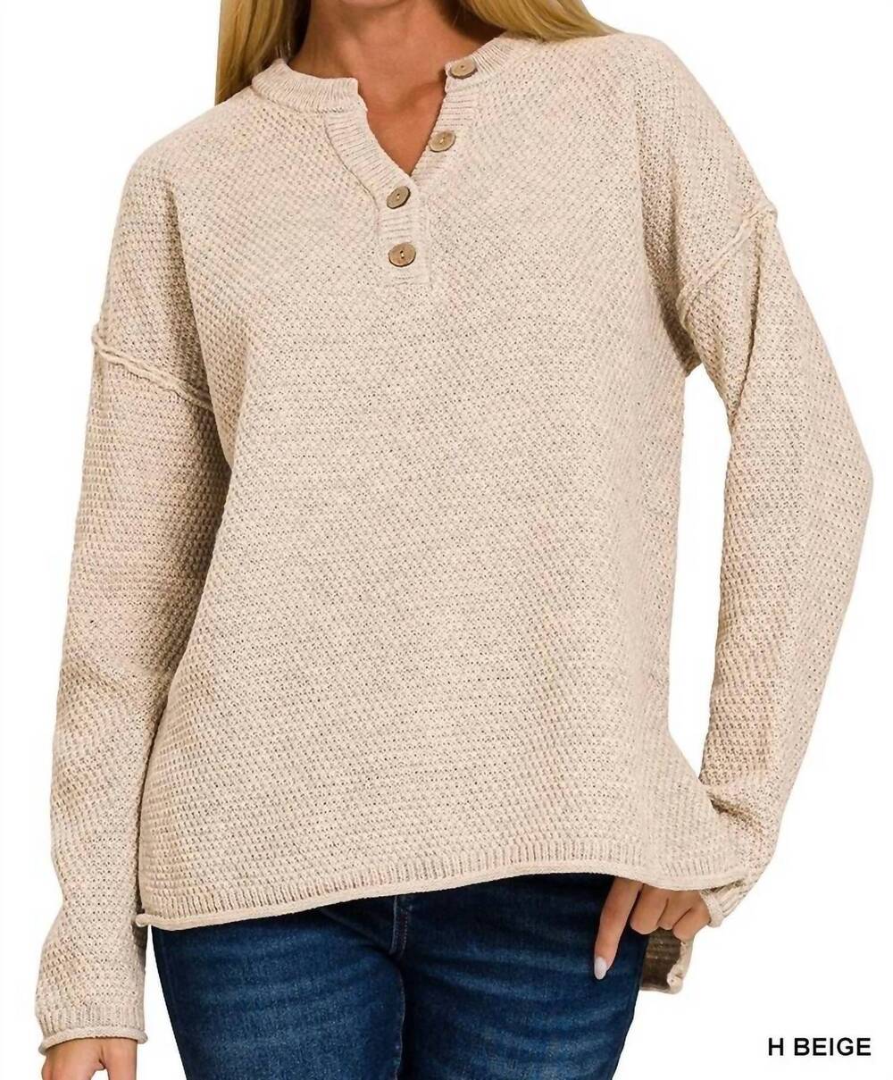 NEW ZENANA henley basic sweater in heather beige